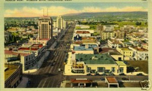 Looking east on Wilshire (Circa 1950). Hand-colored linen postcard. Source: Unknown.