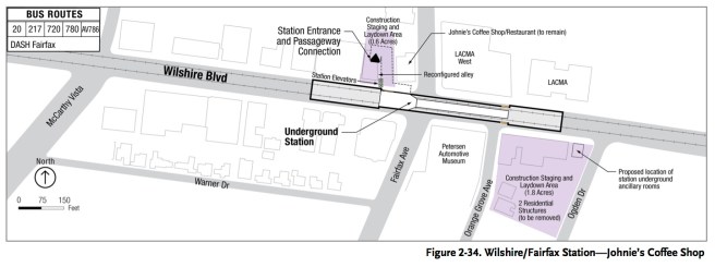 Fairfax and Wilshire Station. Shaded areas are the construction staging sites. Note that the station entrance has been moved to the southwest corner of Orange Grove and Wilshire since this map was originally published.